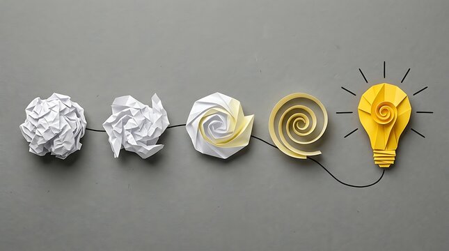 Conceptual transformation from crumpled paper to bright light bulb idea symbolizing innovation, creativity, and problem-solving for business presentations