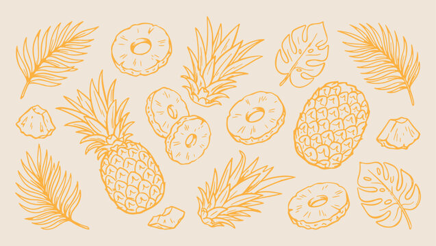 Fresh pineapple fruit seamless pattern, minimal vector illustration, line art design, monoline style, clean modern graphics, isolated on background, premium decorative element
fresh, print, tropical, 