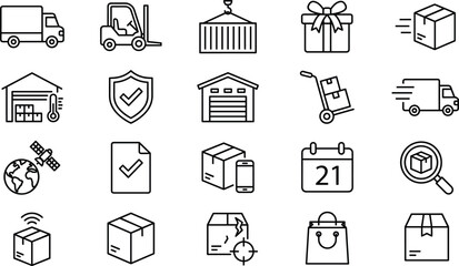Fototapeta premium Logistics and supply chain management line icon set featuring delivery truck forklift warehouse global tracking and shipping packages