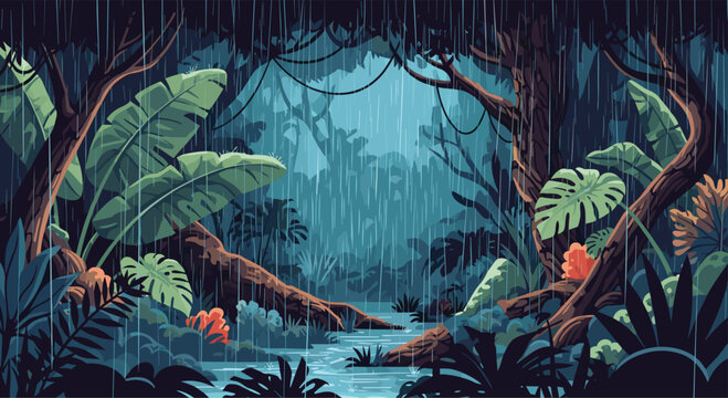 Detailed tropical rainforest scene during rainfall with lush green leaves and a small stream in a pixel art background.