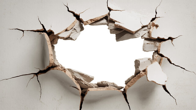 Broken white wall with a large hole and exposed concrete and plaster fragments