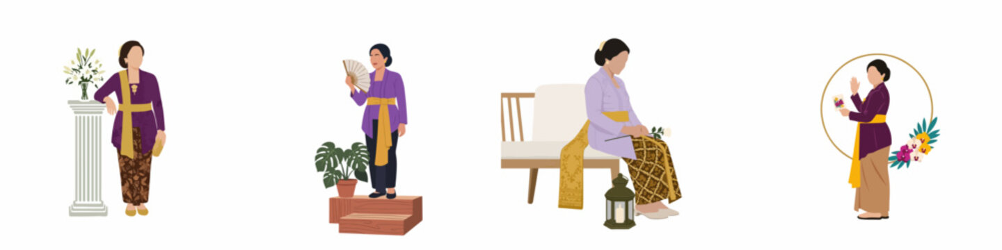 Flat design illustration set of Indonesian women wearing traditional kebaya and batik sarong in various poses, isolated on a white background.