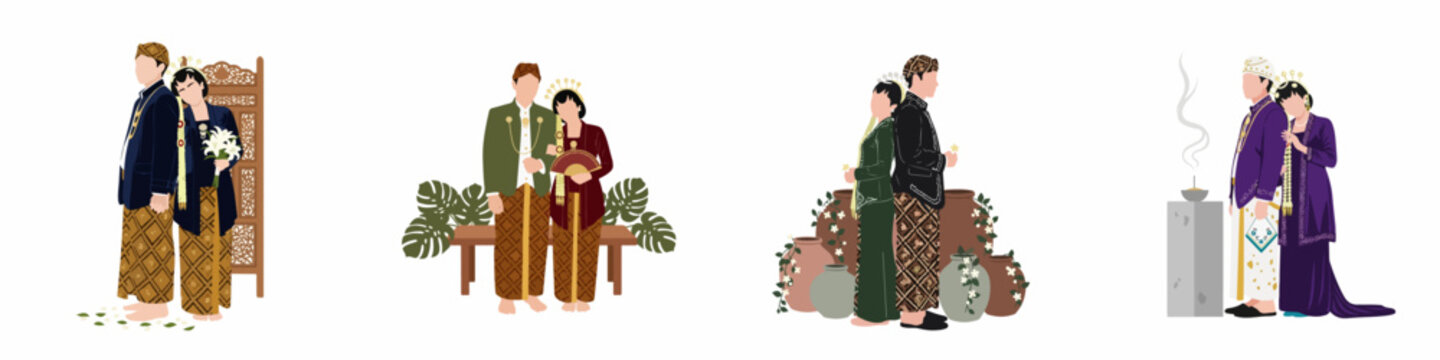 Minimalist Vector Illustration Collection of Couples in Traditional Javanese Indonesian Wedding Costumes and Ceremonial Rituals