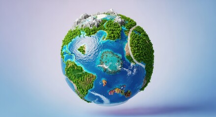 Fototapeta premium A vibrant miniature green earth floating in a soft void, showcasing lush forests, clean blue oceans, and a healthy sustainable ecosystem, earth day, globe, trees