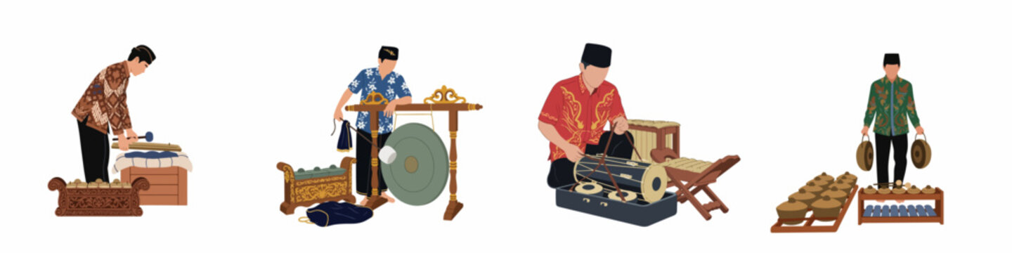 Traditional Indonesian Gamelan Musicians Playing Percussion Instruments in Batik Shirts Illustration Set