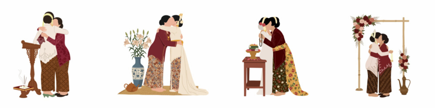 Illustrations of traditional Javanese Indonesian lesbian wedding ceremonies featuring a couple in kebaya and batik, embracing and celebrating their union in a flat style.