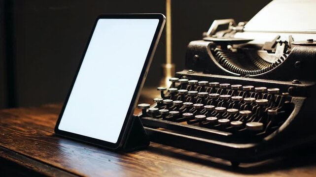 Modern tablet with white screen next to vintage typewriter on desk