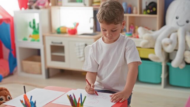 Boy drawing with red pencil and visible hand on paper at a bright playroom table with shelves, toys and storage bins; concentration creativity.
