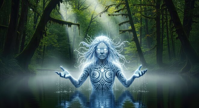 An ethereal entity with long flowing hair emerges from a misty lake within a deep forest, embodying ancient folklore and mystical spirits, night, dark, green