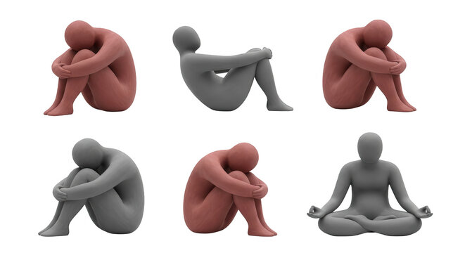 3d rendered figures in different seated positions isolated against a white background emotional states and concepts