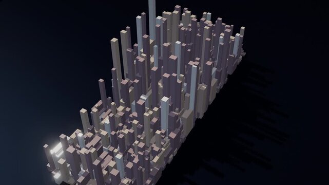 Seamless 4K aerial loop of a glowing futuristic city skyline assembling from light &mdash; procedural towers and data-blocks in cinematic depth.