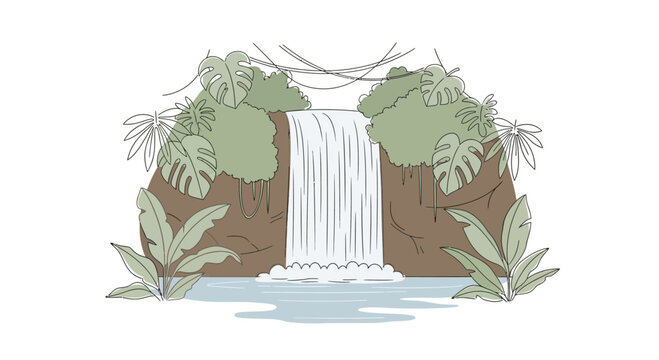Waterfall pouring down rocky cliffside.