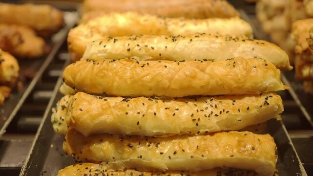 Fresh pastries are lined up in a bakery display case
