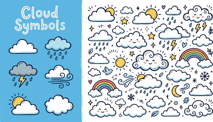 Fototapeta premium Diverse Collection of Cute Cloud Symbols and Weather Icons Featuring Sunshine, Rain, Rainbows, and Wind