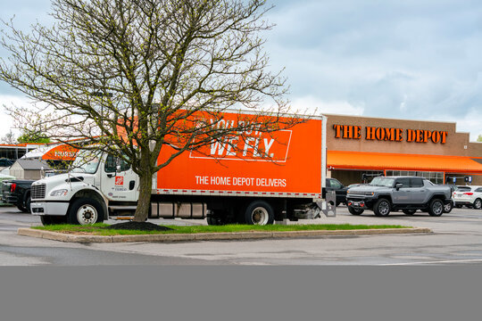 New Hartford, NY - May 9, 2026: Exterior of a Home Depot delivery truck positioned at The Home Depot parking area located at 545 French Road, New Hartford, NY 13413