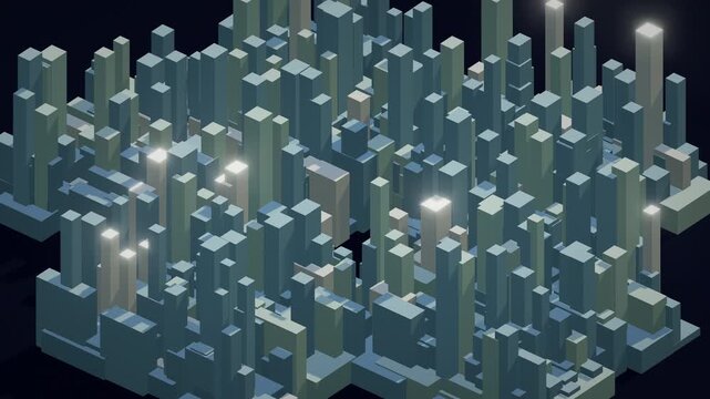 Seamless 4K aerial loop of a glowing futuristic city skyline assembling from light &mdash; procedural towers and data-blocks in cinematic depth.