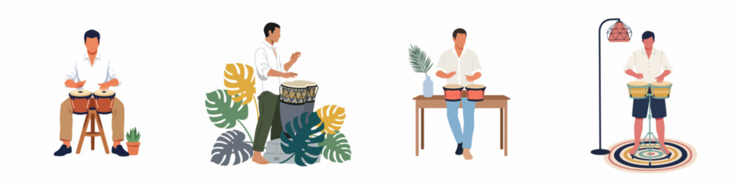 Set of flat vector illustrations of a man playing bongo and conga drums in various home and tropical settings.