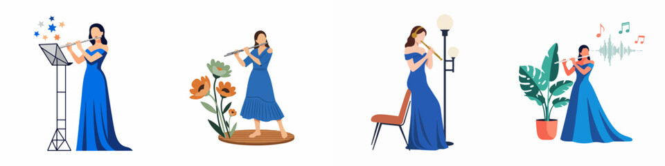 Set of vector illustrations featuring elegant women in blue dresses playing the flute in various creative and artistic settings. © Nadya