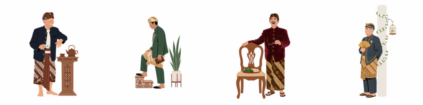 Collection of Indonesian men in traditional Javanese Beskap and Batik attire, featuring various cultural activities and items on a white background.