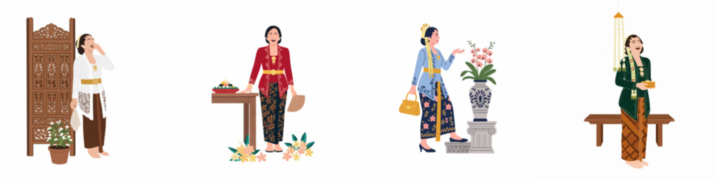 Set of illustrations depicting Indonesian women in traditional Javanese kebaya outfits, showcasing various moods and activities in a flat minimalist style.