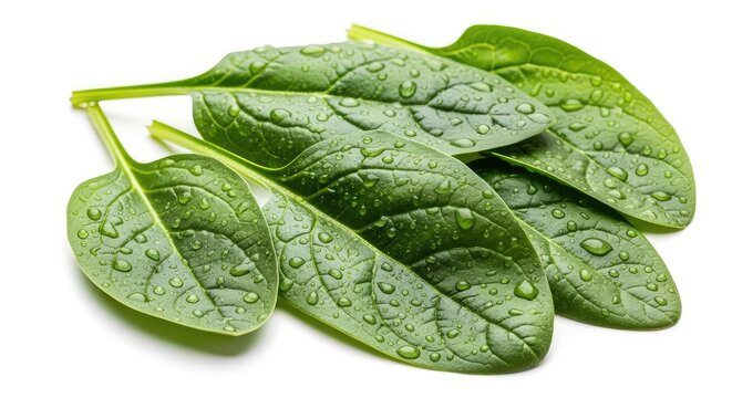 Fresh and juicy organic spinach leaves with sparkling water droplets, isolated on a pure white backdrop to highlight natural green color, nature, white, cooking