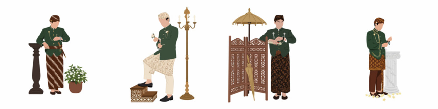 Set of minimalist illustrations featuring a groom in traditional Javanese wedding attire, including beskap, batik, and blangkon, in various poses.