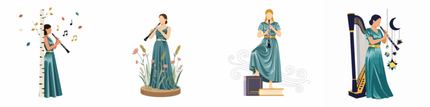 Collection of elegant illustrations featuring a female oboe player in various whimsical settings with nature, books, and musical themes.