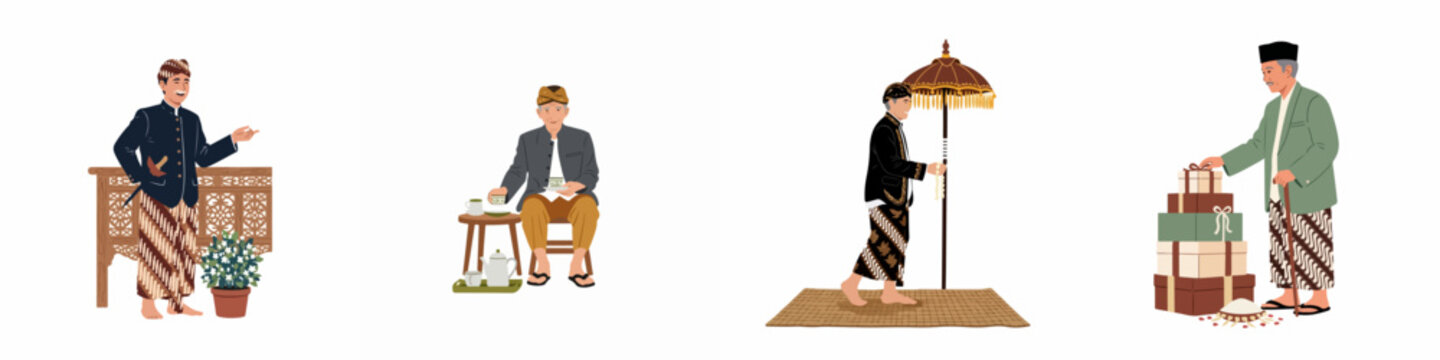 Set of Flat Vector Illustrations Depicting Elderly Javanese Men in Traditional Indonesian Attire Performing Various Cultural and Daily Activities