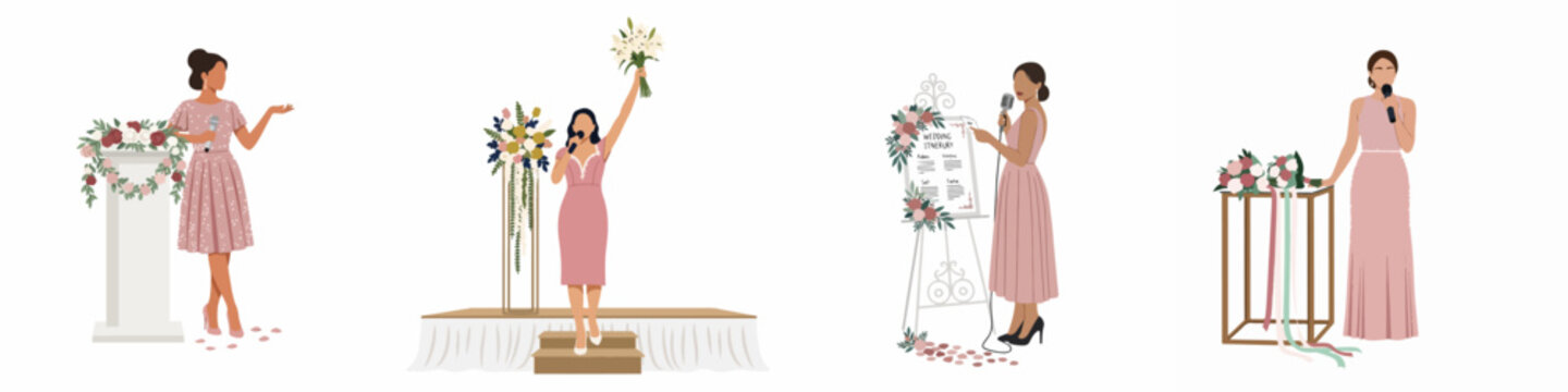 Flat vector illustration set of elegant women acting as masters of ceremonies or giving toasts at a wedding reception with microphones and flowers.