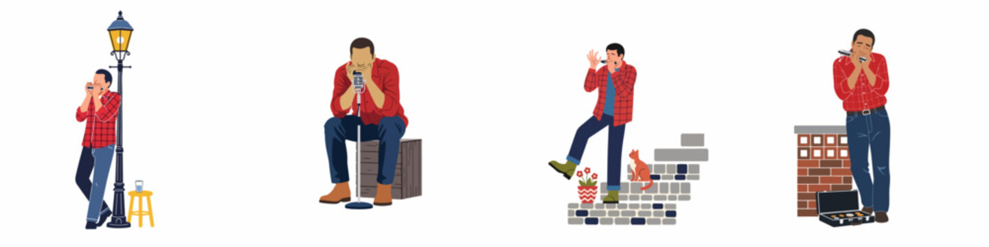 Vector illustration set featuring a man in a red plaid shirt playing the harmonica in different urban and performance settings on a white background.