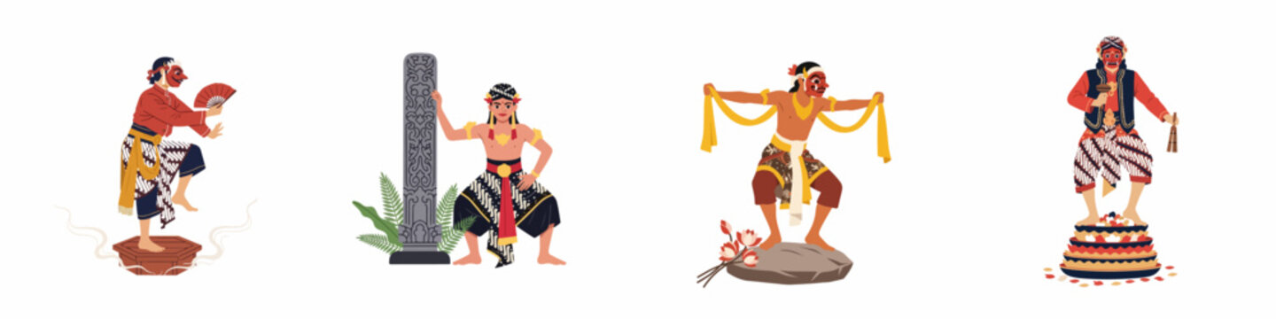 Set of flat vector illustrations featuring traditional Indonesian dancers in colorful cultural costumes and masks performing Javanese folk dances.
