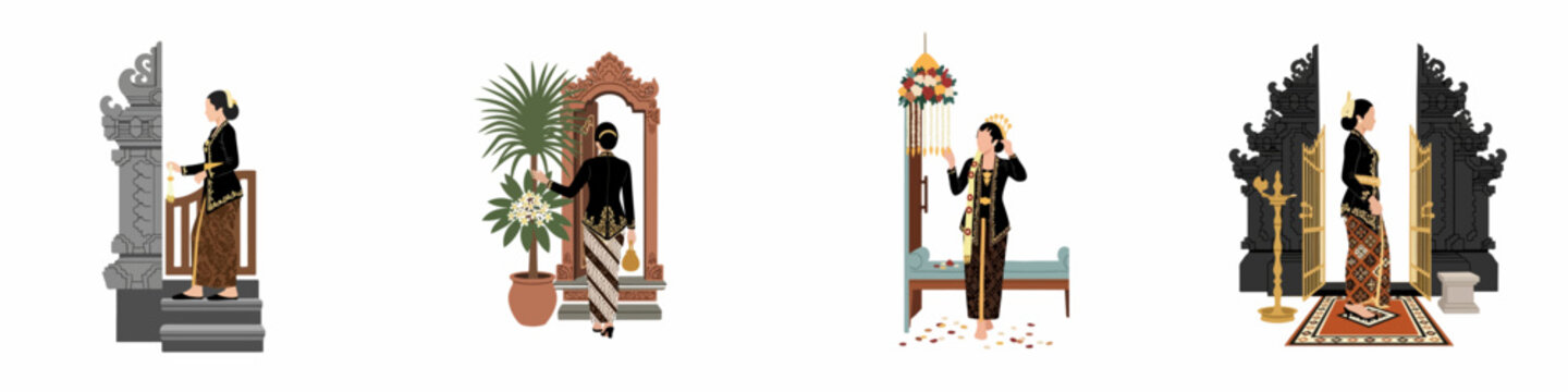 Set of flat illustrations featuring women in traditional Javanese kebaya and batik attire standing near cultural architectural elements and decor.