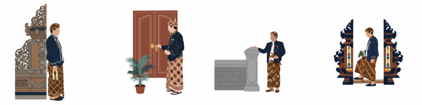 Illustrations of an Indonesian man wearing traditional Javanese wedding attire in various poses and settings including traditional gates and architecture.