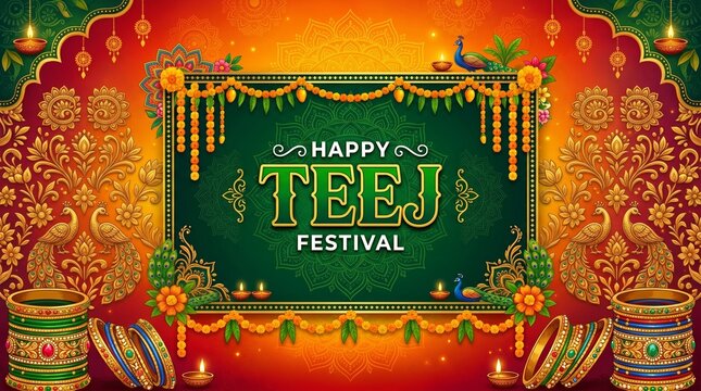 Happy Teej festival greeting card with decorative bangles and ornament