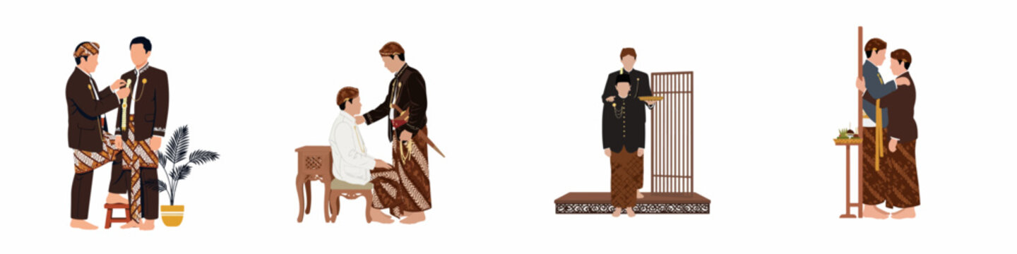 A collection of flat illustrations depicting various traditional Javanese wedding ceremonies and stages for men, featuring authentic attire and rituals.