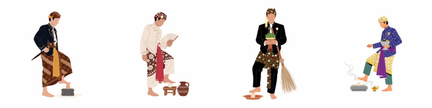 Illustrations of Javanese grooms in traditional attire performing the Ngidek Endog wedding ritual, stepping on an egg as a cultural symbol.
