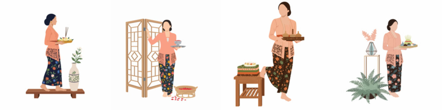 Illustrations of Indonesian women in traditional kebaya performing cultural rituals, carrying offerings, and preparing for a spa treatment in a minimal vector style.