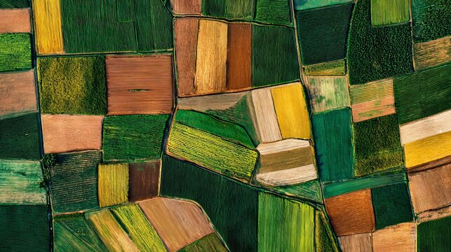 81.Concept = Aerial view of agricultural fields with geometric patterns in shades of green, brown, and yellow, symbolizing nature patchwork