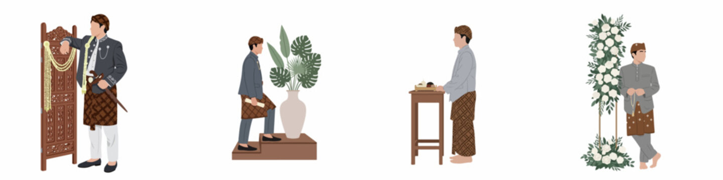Flat illustration of an Indonesian man wearing traditional Javanese wedding attire in different poses, showcasing cultural rituals, heritage, and formal ethnic fashion.