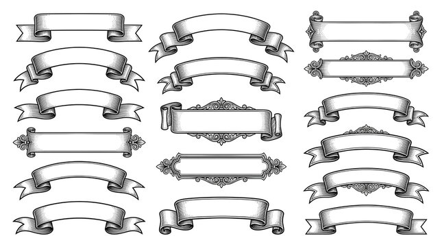 Vintage ribbon banners set, hand drawn engraved scroll collection, antique decorative parchment labels, classic heraldic ribbon elements isolated PNG with Transparent Background