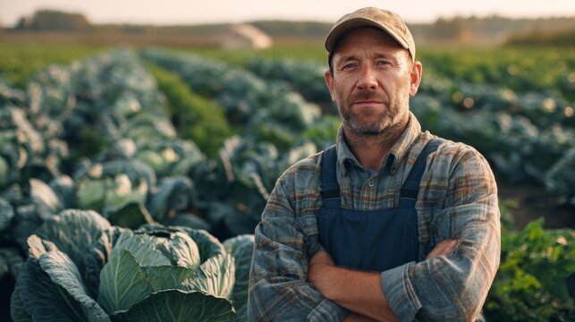 40.Portrait of agricultural worker standing in a cabbage and cauliflower field, wearing practical farm clothing, bright sunlight illuminating crops, seasonal harvest and rural livelihood concept