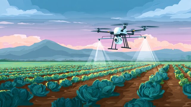 45.Concept = Agriculture drone spraying rows of cabbage with water, pesticides or fertilizers on a background of mountain and beautiful sky, the concept of modern agriculture in flat style