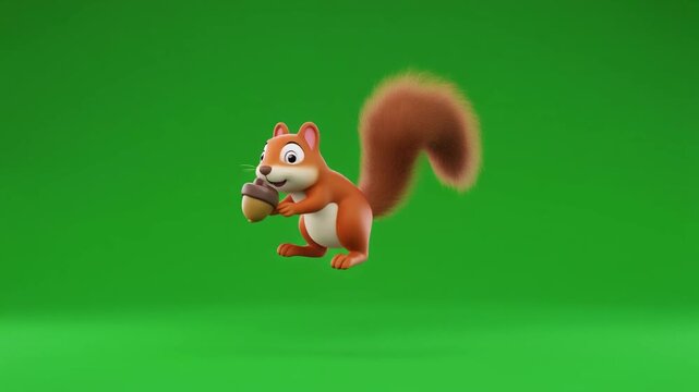 A cartoon squirrel holds an acorn while standing on green grass.