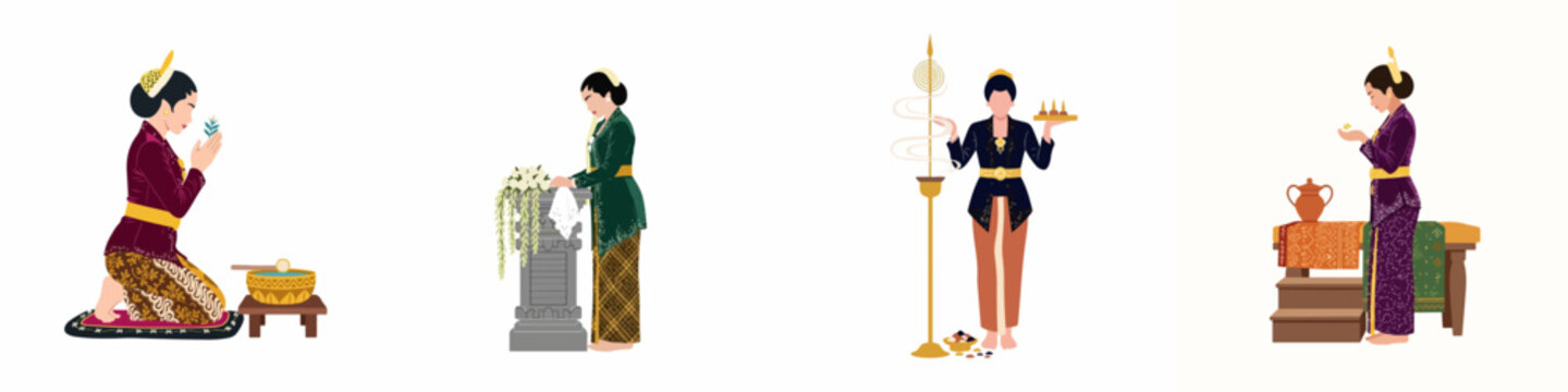 Set of illustrations depicting women in traditional Javanese dress performing Indonesian cultural ceremonies and rituals on a white background.