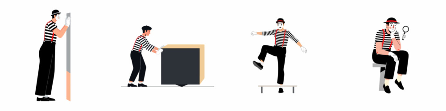 Set of flat vector illustrations of mime artists performing different pantomime acts like pushing a wall and walking a tightrope.