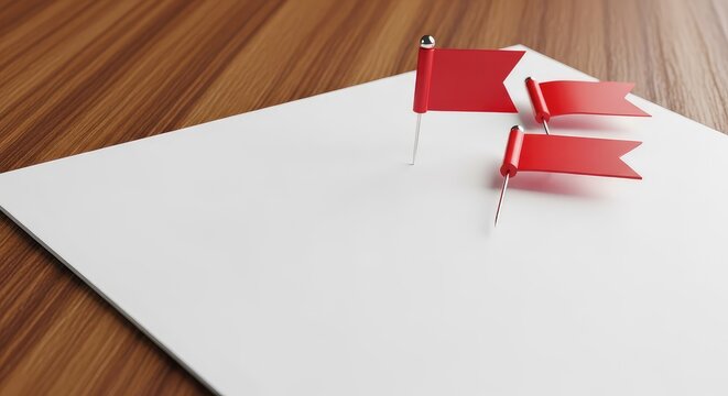 Three miniature red flags are pinned to a blank document placed on a textured wooden surface, representing a warning alert and security, scam, icon, paper