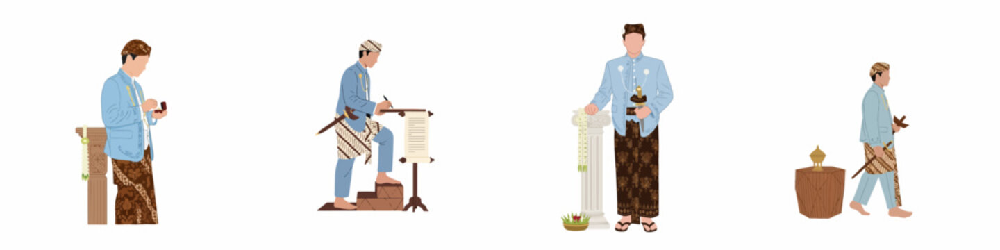 Set of flat vector illustrations depicting a groom in traditional Javanese wedding attire performing various marriage rituals on a white background.