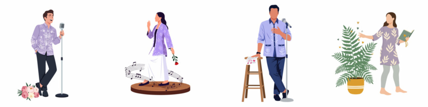 Collection of four flat character illustrations featuring singers and performers in traditional-style batik clothing on a white background.