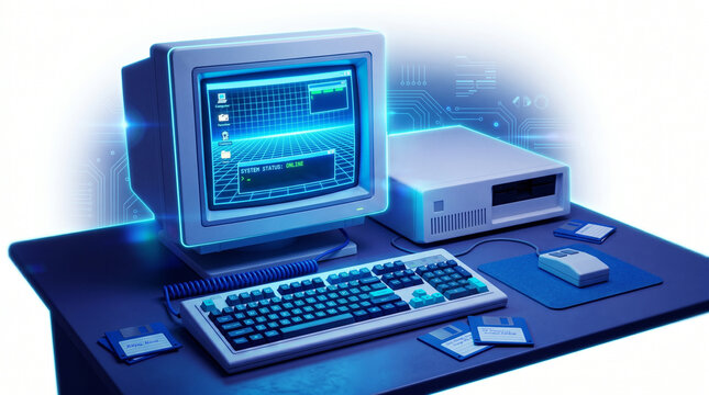 Retro vintage personal computer workstation, classic 90s desktop PC with CRT monitor and keyboard, nostalgic computing hardware with floppy disks isolated PNG with Transparent Background