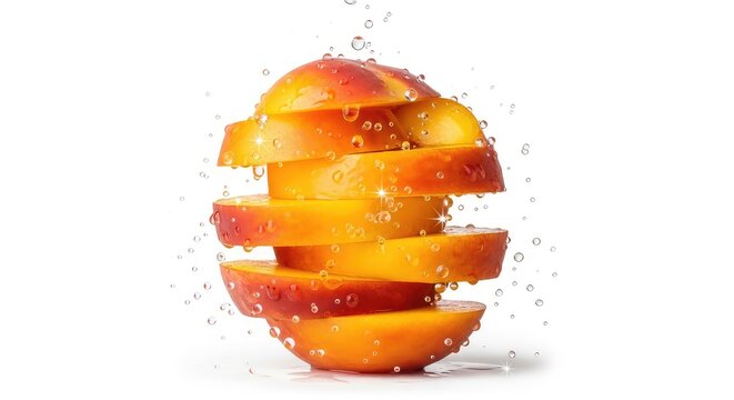 Vibrant fresh peach slices stacked in an artistic composition with sparkling juice droplets scattered around on a solid white background, skin, nutrition, snack